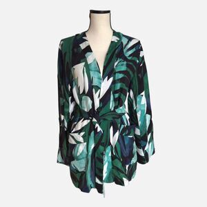 Olivaceous Tropical Wrap Kimono Sleeve Jacket S Green Leaf Print Resort Layer